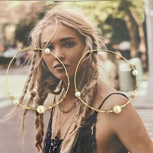 Boho Delicate Large Hoop Earrings Twisted Wire Small Beads Faux Pearls